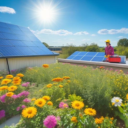 A sunny suburban rooftop with solar panels installed, a technician in the background connecting wires, and a small toolbox nearby, amidst a lush green lawn and blooming flowers.