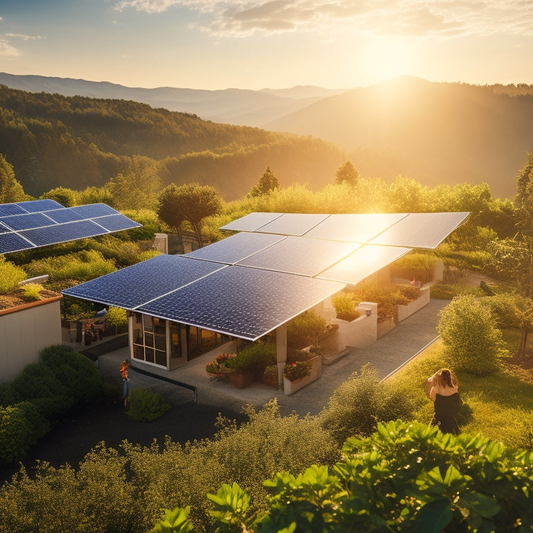 A sunlit landscape showcasing solar panels on rooftops, with lush greenery surrounding them. In the foreground, a diverse group of people planting trees, symbolizing a commitment to sustainability and reducing carbon footprints.