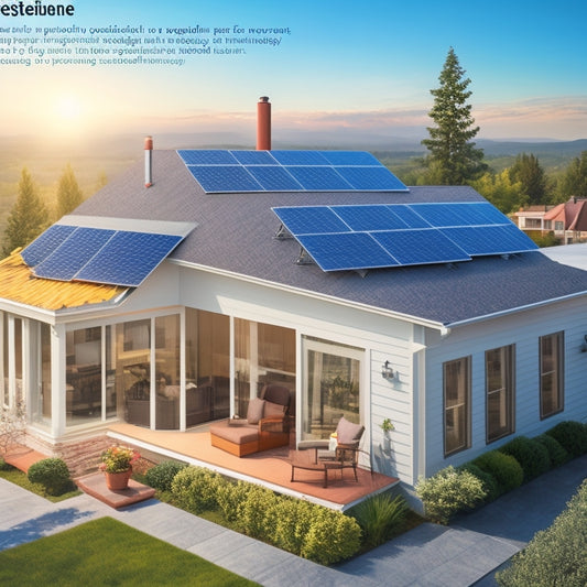 An illustration of a residential rooftop with various solar panel arrangements, a measuring tape, a house blueprint, and a few icons representing energy efficiency, cost, and environmental impact.