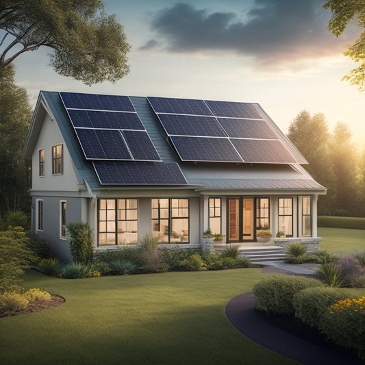 A serene suburban home with a sleek solar panel array on the roof, surrounded by lush greenery, with a subtle sun symbol above, and a faint grid of electrical lines in the background.