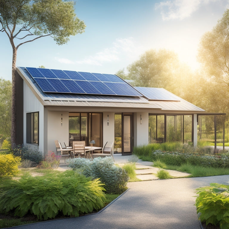 A modern sustainable home with solar panels on the roof, surrounded by lush greenery, a bright sun shining in a clear blue sky, a garden with native plants, and an electric vehicle charging station.