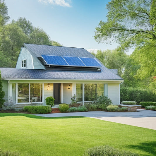 A serene suburban home with a sunny backyard, featuring a sleek rooftop solar panel installation with 4-6 panels of varying sizes and shapes, amidst lush greenery and a clear blue sky.