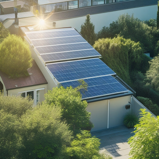 A bright, sunlit rooftop adorned with sleek solar panels, casting shadows on a lush green garden below. In the foreground, a glowing electricity meter shows reduced consumption, emphasizing a sustainable lifestyle.