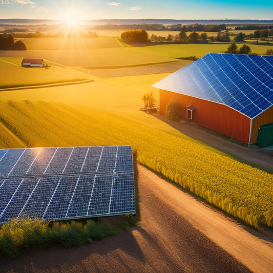 A sunlit farm with solar panels on barn rooftops, vibrant crops flourishing, a small wind turbine spinning, a farmer tending to plants, and a clear blue sky, showcasing harmony between technology and nature.