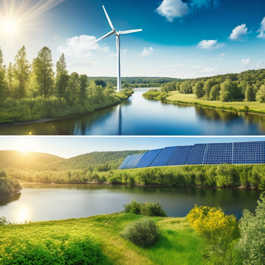 A vibrant landscape showcasing solar panels and wind turbines amidst lush greenery, with wildlife thriving, a clear blue sky, and a flowing river, illustrating harmony between technology and nature in renewable energy adoption.
