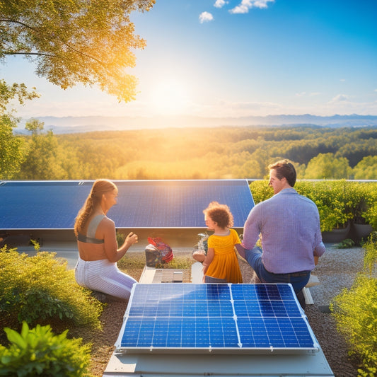 A vibrant solar panel installation on a sunny rooftop, surrounded by lush greenery, with a family happily examining their energy savings. Include a clear blue sky and glimmers of sunlight reflecting off the panels.