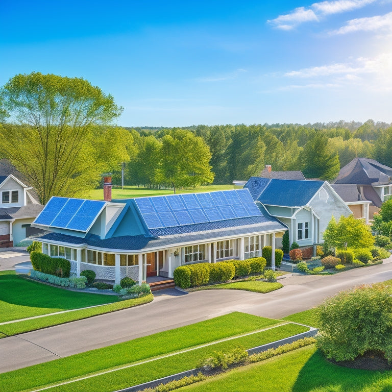 A serene suburban neighborhood with a mix of single-story and two-story homes, each with sleek solar panels installed on rooftops, surrounded by lush green trees and a clear blue sky.