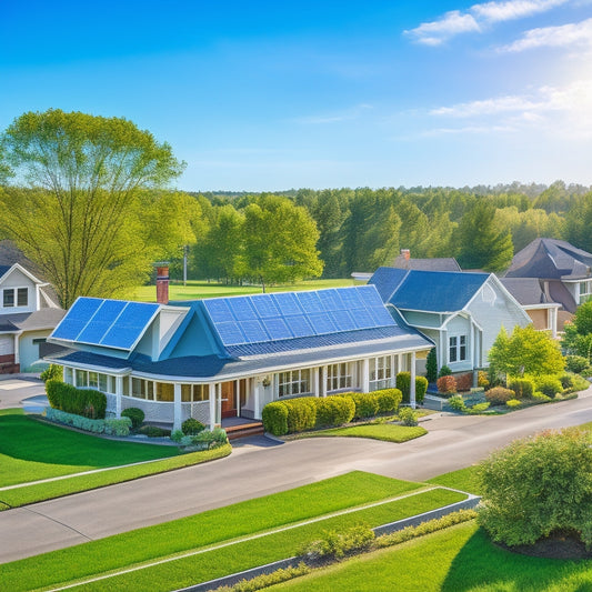 A serene suburban neighborhood with a mix of single-story and two-story homes, each with sleek solar panels installed on rooftops, surrounded by lush green trees and a clear blue sky.