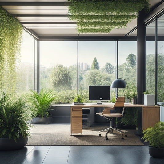 A modern eco-friendly office space featuring green walls, solar panels, large windows for natural light, bamboo furniture, and a rooftop garden, all surrounded by lush greenery and sustainable landscaping.