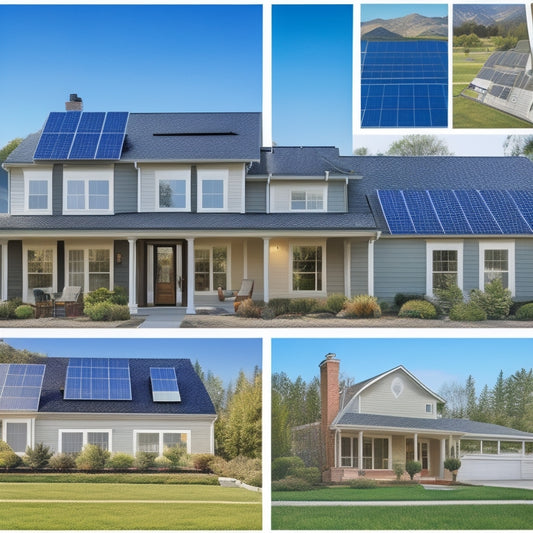 A sunny suburban home with a mix of 7 different roof solar panel systems, each with unique designs and installations, showcasing varying sizes, angles, and mounting styles.