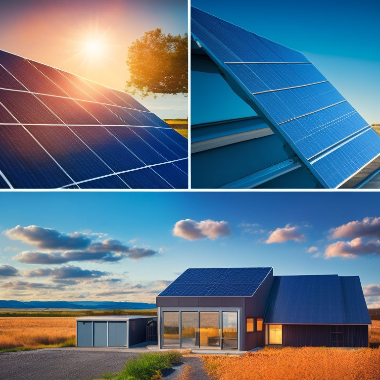 A split-screen image featuring three distinct solar panel designs: a sleek, black residential installation on a modern rooftop, a commercial setup with rows of silver panels on a warehouse, and a futuristic, curved array on a rural barn.