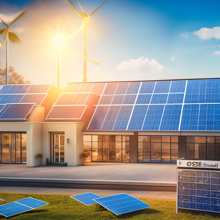 A illustration of a commercial building with solar panels on the roof, surrounded by icons of coins, charts, and graphs, with a subtle green glow, conveying sustainability and savings.