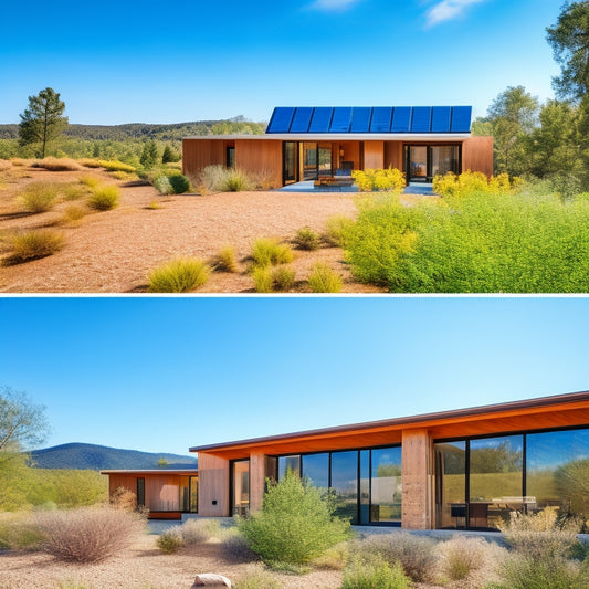 A modern home featuring walls of rammed earth, solar panels on a green roof, reclaimed wood accents, and large windows showcasing lush surrounding nature, all under a clear blue sky.