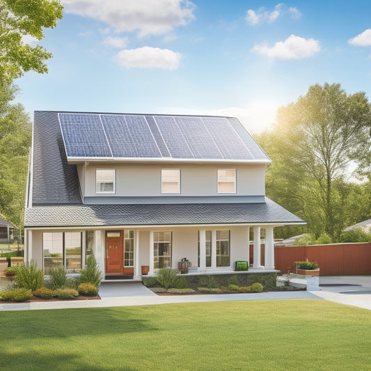 A serene suburban home with a sloping roof, adorned with five distinct solar panel arrays, each with unique design elements, angled towards a bright blue sky with fluffy white clouds.