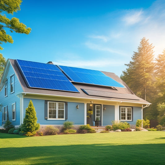 A serene suburban home with a mix of blue and grey solar panels installed on the roof, surrounded by lush green trees and a sunny blue sky with a few puffy white clouds.