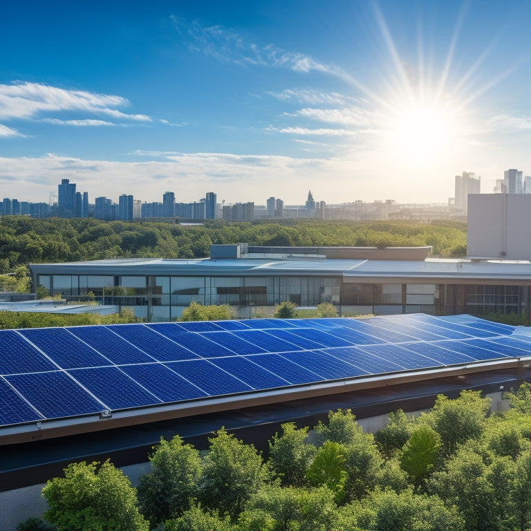 A sleek rooftop covered in high-efficiency solar panels, glistening under a bright blue sky, surrounded by lush greenery, with modern commercial buildings in the background, showcasing innovation and sustainability in urban architecture.
