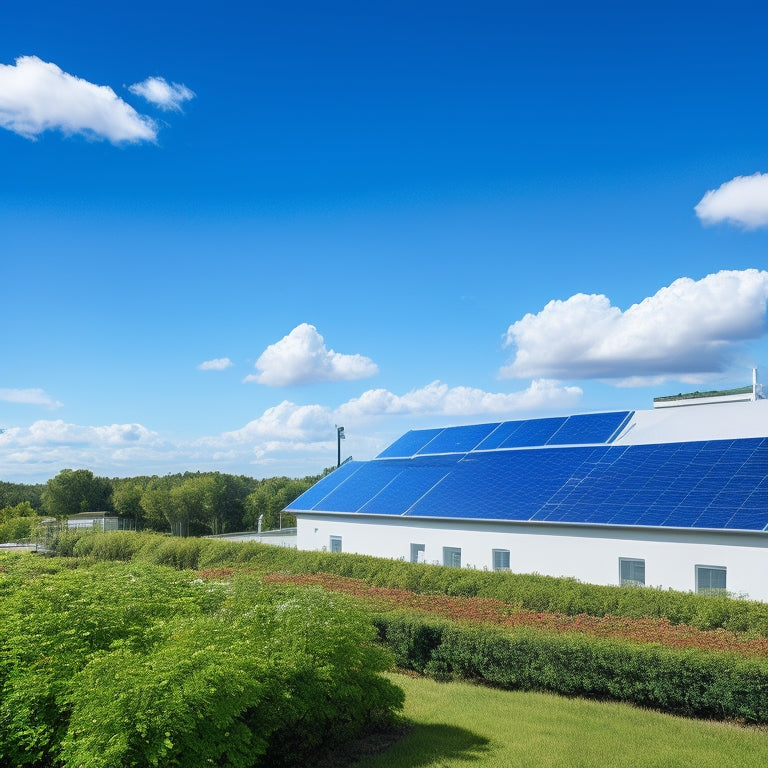 A bright blue sky with fluffy white clouds, a small commercial building with solar panels installed on its roof, surrounded by lush greenery and a subtle graph or chart in the background.