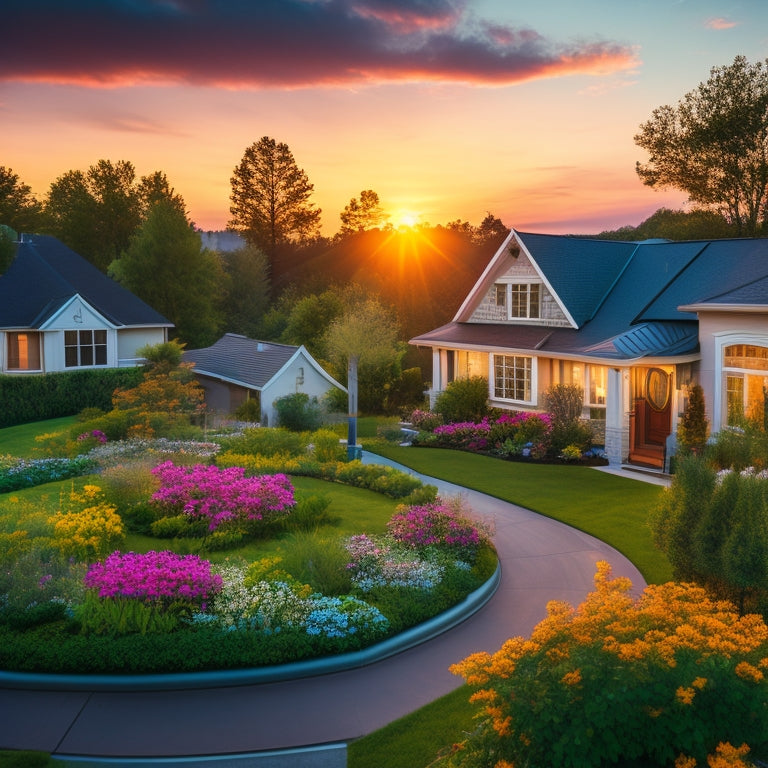 A serene suburban neighborhood at sunset, with sleek solar panels installed on rooftops, amidst lush greenery and blooming flowers, conveying eco-friendliness and modernity.