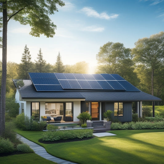 A serene suburban home with a sleek, black solar panel array installed on the rooftop, surrounded by lush green trees and a bright blue sky with a few wispy clouds.