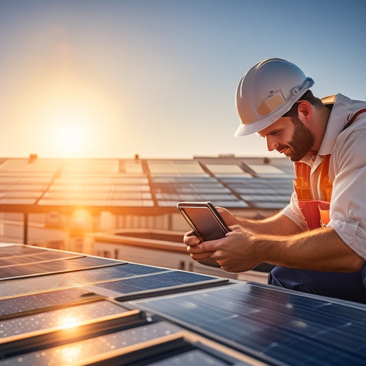 A close-up of a technician inspecting clean, sunlit solar panels on a commercial rooftop, with tools and a digital tablet displaying diagnostic data. Background shows a clear sky and modern industrial buildings.