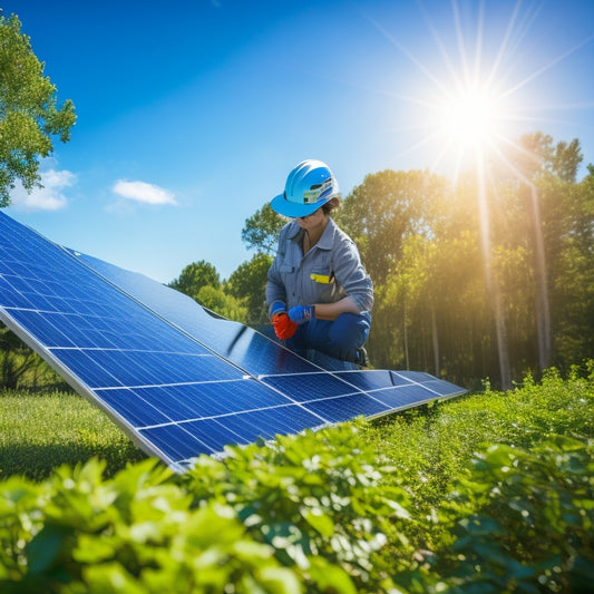 A close-up of a solar panel technician inspecting a solar panel on a bright sunny day, with tools in hand, surrounded by lush greenery and a blue sky, illustrating the importance of maintenance and care.