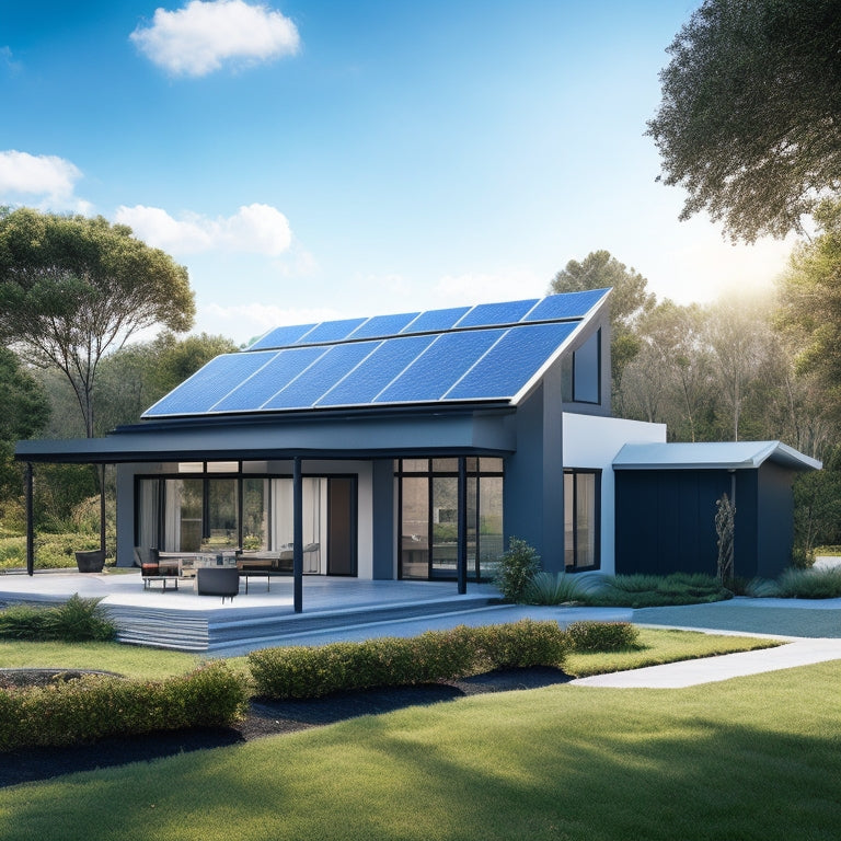 A serene, modern, single-story home with a sloping roof covered in sleek, black solar panels, surrounded by lush greenery and a bright blue sky with a few puffy white clouds.