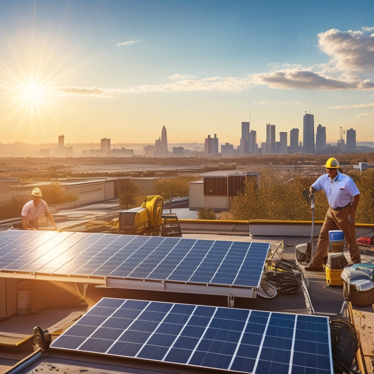 A sunny suburban rooftop with a partially installed solar panel array, tools and equipment scattered around, and a few workers in the background, with a subtle hint of a cityscape on the horizon.