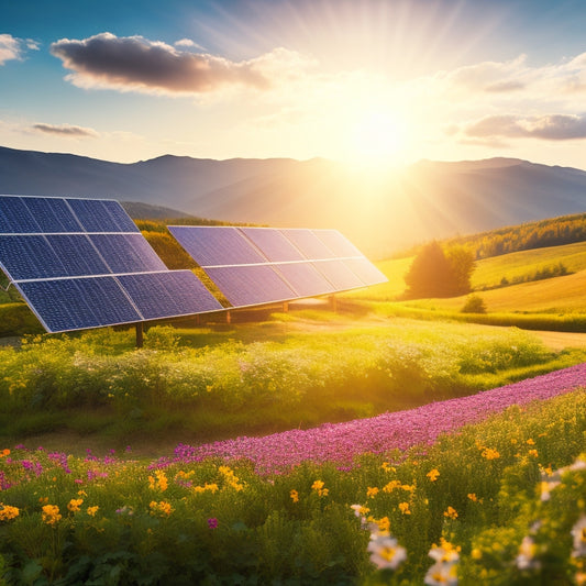 A serene landscape featuring solar panels glistening in the sun, wind turbines gracefully rotating on a nearby hillside, and a vibrant garden filled with colorful flowers and lush greenery, symbolizing harmony with nature.