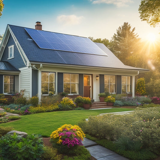 A serene suburban home with a mix of lush greenery and vibrant flowers, featuring a sleek solar panel installation on the roof, casting a warm glow on a sunny afternoon.