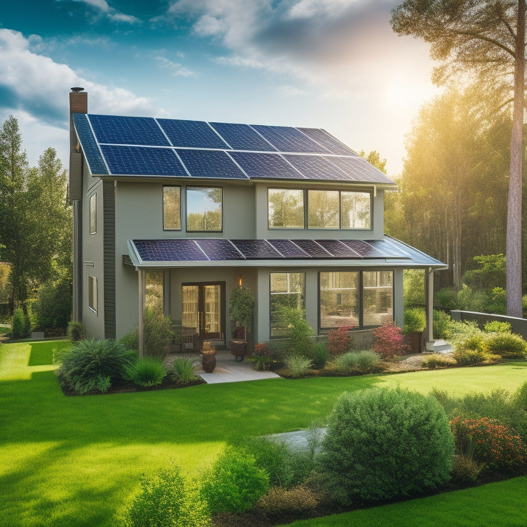 A detailed suburban home with modern solar panels installed on the roof, surrounded by lush greenery and clear skies, highlighting the eco-friendly and cost-effective benefits of residential solar energy.