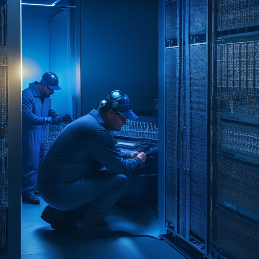 A dimly lit server room with rows of humming panels, one open with gleaming copper wires and microchips, surrounded by toolbox, screwdrivers, and a technician in a blue jumpsuit, inspecting with a flashlight.