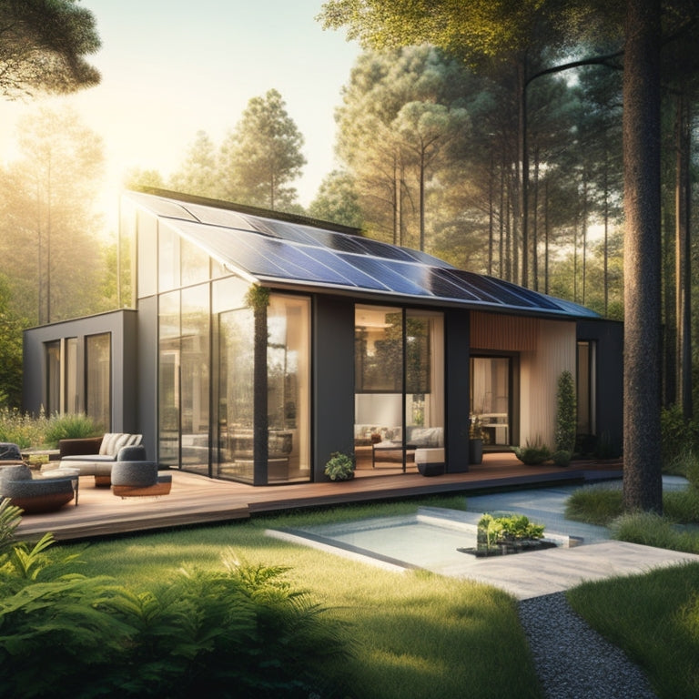A modern home with solar panels on the roof, surrounded by lush greenery. Interior view shows smart devices controlling energy usage, with sunlight streaming through large windows, illuminating a sleek, tech-savvy living space.