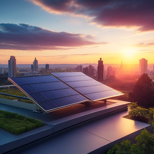 A futuristic, modern rooftop with sleek, black solar panels installed, surrounded by lush greenery, with a subtle cityscape in the background, illuminated by a warm, golden sunset.