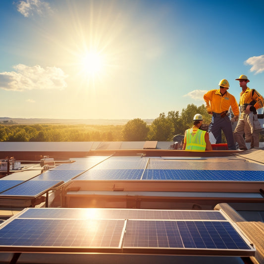 A sunny rooftop with a partially installed solar panel array, tools and equipment scattered around, a ladder leaning against the roof, and a worker in the background, hammer in hand, looking up.