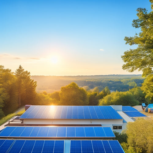 A serene residential rooftop with a mix of standard and premium solar panels, varying in size and wattage, amidst a clear blue sky with a few wispy clouds, surrounded by lush green trees.