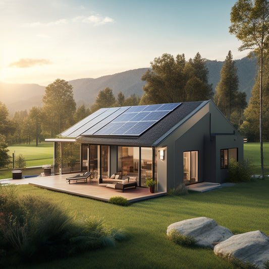 A serene landscape with a modern home, rooftop solar panels, and a battery storage system, surrounded by lush greenery, with a subtle sun shining down and a faint electric meter in the background.