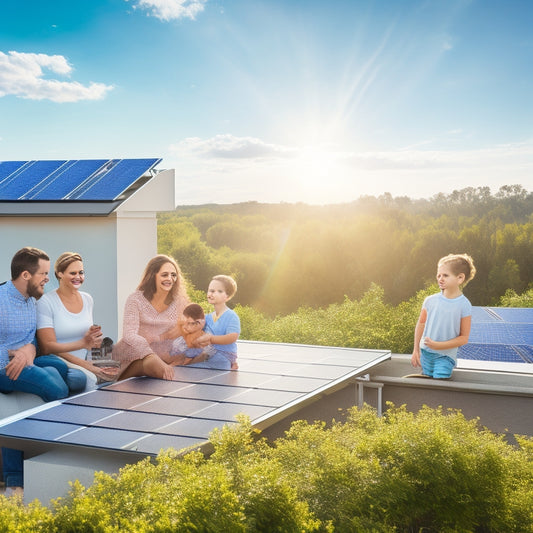 A bright, sunny rooftop adorned with sleek solar panels, surrounded by green trees and a blue sky, while a family happily inspects their energy meter, showcasing the benefits of solar energy.