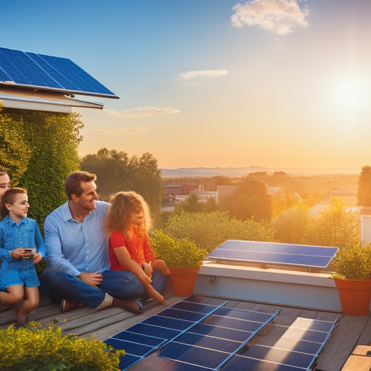 A bright, sunlit rooftop adorned with sleek solar panels, surrounded by lush greenery. In the foreground, a family happily reviewing their energy bills, with a clear blue sky and glowing sun overhead.