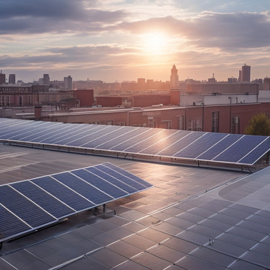 A serene, sun-drenched rooftop with rows of sleek, black solar panels installed at an angle, surrounded by gleaming metal railings and wires, with a subtle cityscape background.