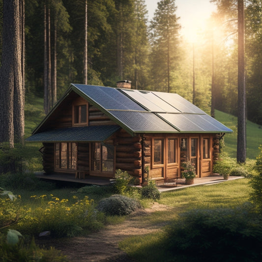 An illustration of a rustic cabin surrounded by lush greenery, with multiple solar panels of varying sizes and types (monocrystalline, polycrystalline, thin-film) installed on the roof and ground.