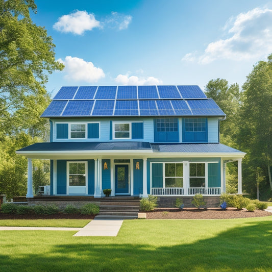 A serene suburban home with a bright blue sky, surrounded by lush green trees, featuring a roof with partially installed solar panels, tools, and a ladder, conveying a sense of eco-friendly renovation.