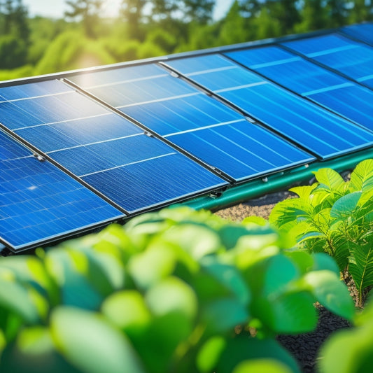 A close-up of high-quality solar panels glistening under the sun, surrounded by a lush green landscape, with a magnifying glass inspecting the surface for imperfections and durability, showcasing vibrant blue and black hues.