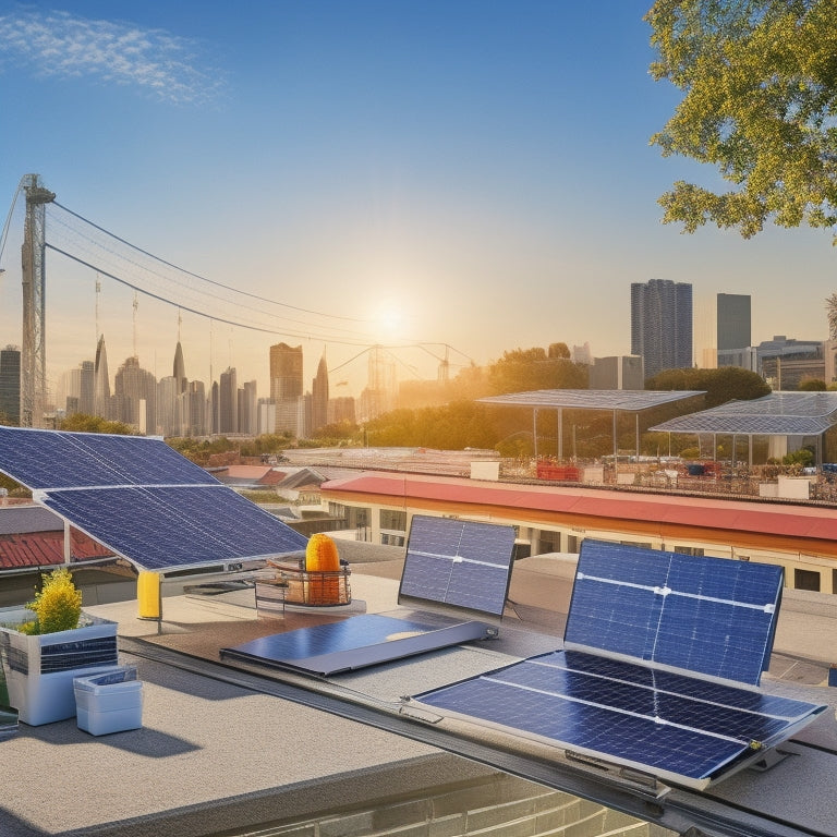 A split-screen illustration featuring a cityscape with solar panels on rooftops in the background, and a laptop in the foreground displaying a marketplace website with solar panels and shopping carts.