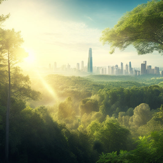 An illustration of a lush green forest with a faint outline of a cityscape in the background, featuring a bright blue sky with a few wispy clouds and a sprinkle of sunbeams.