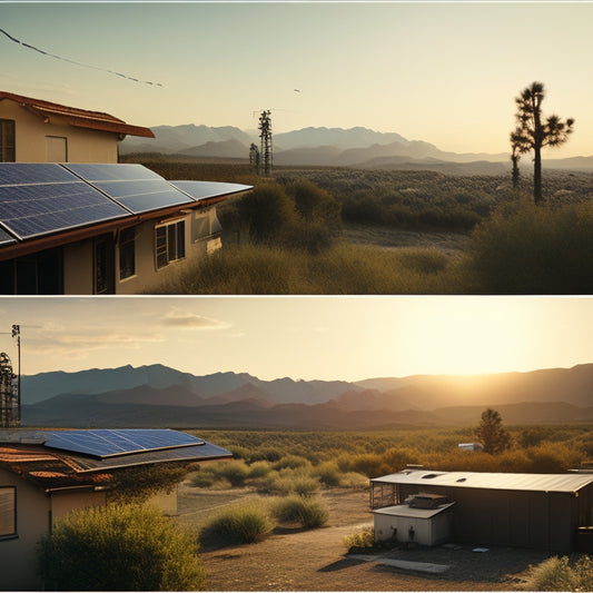 A split-screen image: a serene landscape with solar panels in the distance, versus a cluttered rooftop with mismatched panels, tangled wires, and a broken panel with a cracked glass surface.