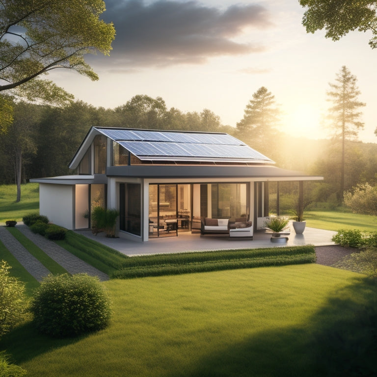 A serene landscape with a modern home, surrounded by lush greenery, featuring a sleek solar panel array on the roof, with a subtle sunburst in the background, and a faint electric meter in the foreground ticking backwards.