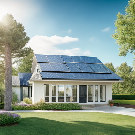 A serene suburban home with a sleek, black solar panel array on the roof, surrounded by lush greenery, with a bright blue sky and a few puffy white clouds in the background.