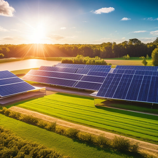 A futuristic solar farm with sleek, transparent solar panels glistening under the sun, surrounded by lush greenery and advanced battery storage units, showcasing vibrant solar innovations and clean energy transformation in a bright blue sky.
