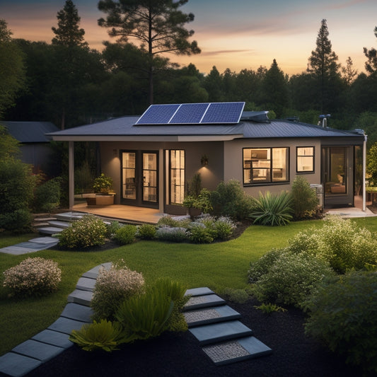A serene backyard with a small, modern house, featuring a rooftop solar panel array with 10-12 panels, surrounded by lush greenery and a few solar-powered outdoor lights.