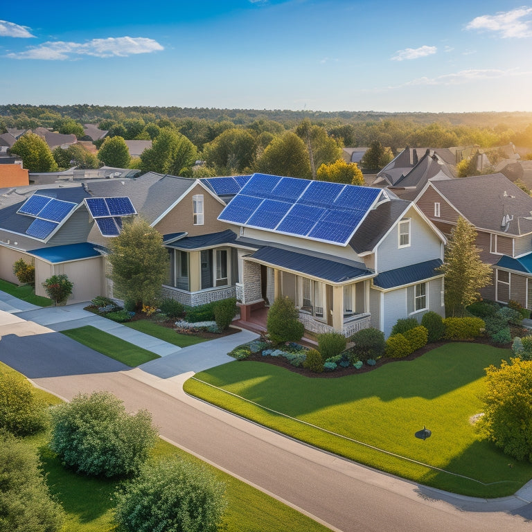 A serene suburban neighborhood with various house types, each featuring sleek solar panels seamlessly integrated into rooftops, surrounded by lush greenery and a bright blue sky with a few puffy white clouds.